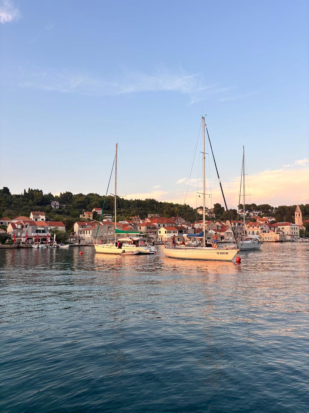 Sailing boats moored in the harbour at golden hour